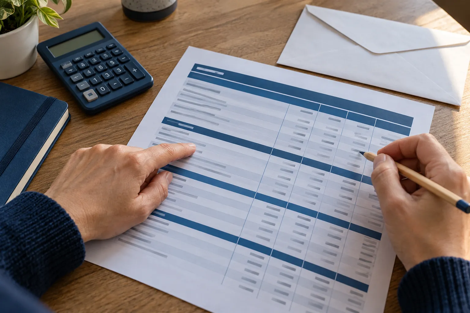 Une personne consulte des documents de garantie à son bureau, à côté d’une calculatrice.