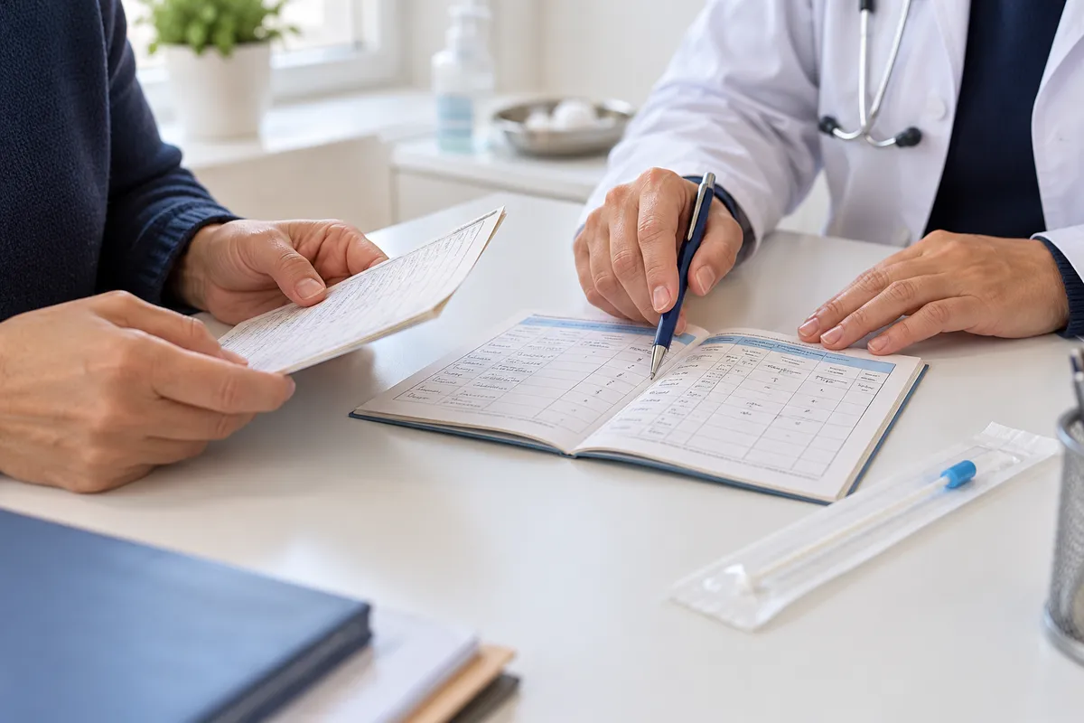 Un professionnel de santé examine un carnet ouvert lors d’une consultation.