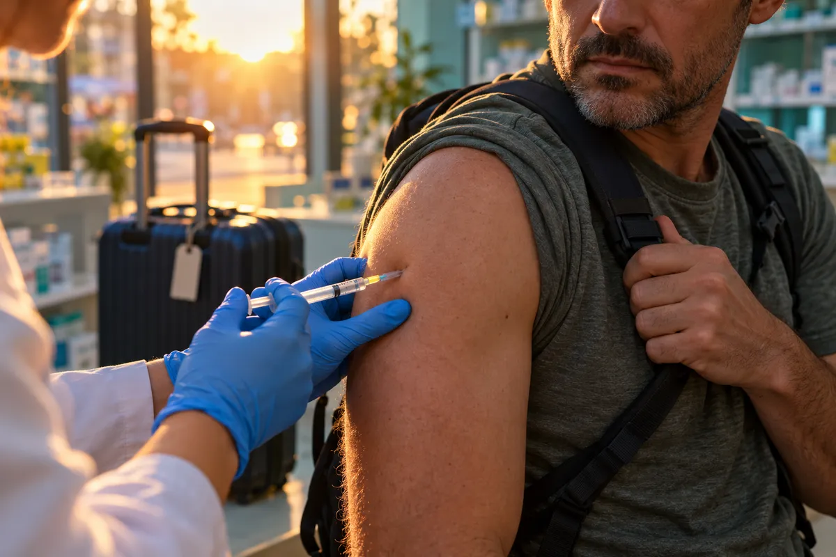 Un homme, sac à dos à l'épaule et valise derrière lui, reçoit une injection dans le haut du bras par une main gantée de bleu, dans une pharmacie baignée de lumière dorée.