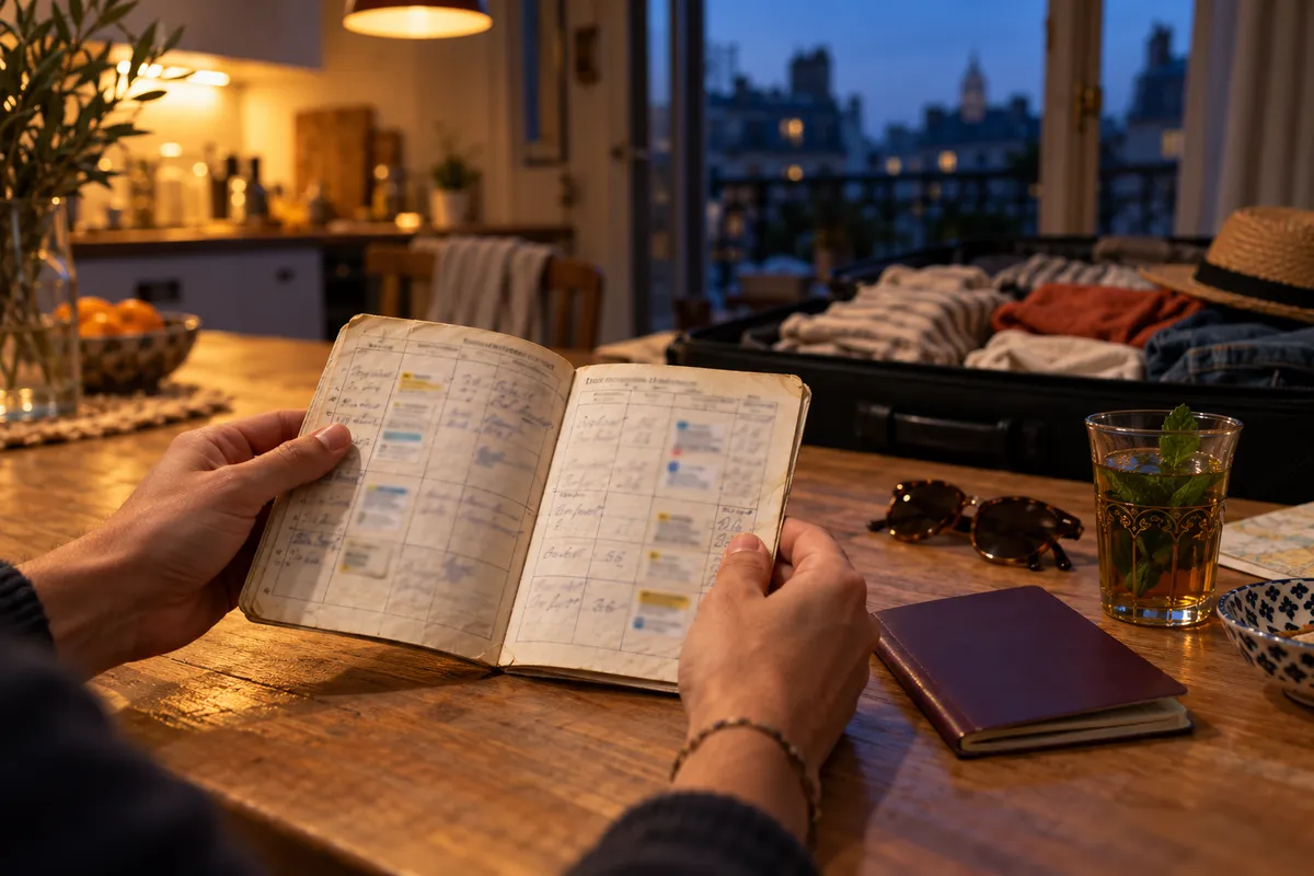 Deux mains ouvrent un vieux carnet de vaccination jauni sur une table de cuisine, à côté d'un passeport, de lunettes de soleil et d'un verre de thé à la menthe, une valise ouverte à l'arrière-plan.