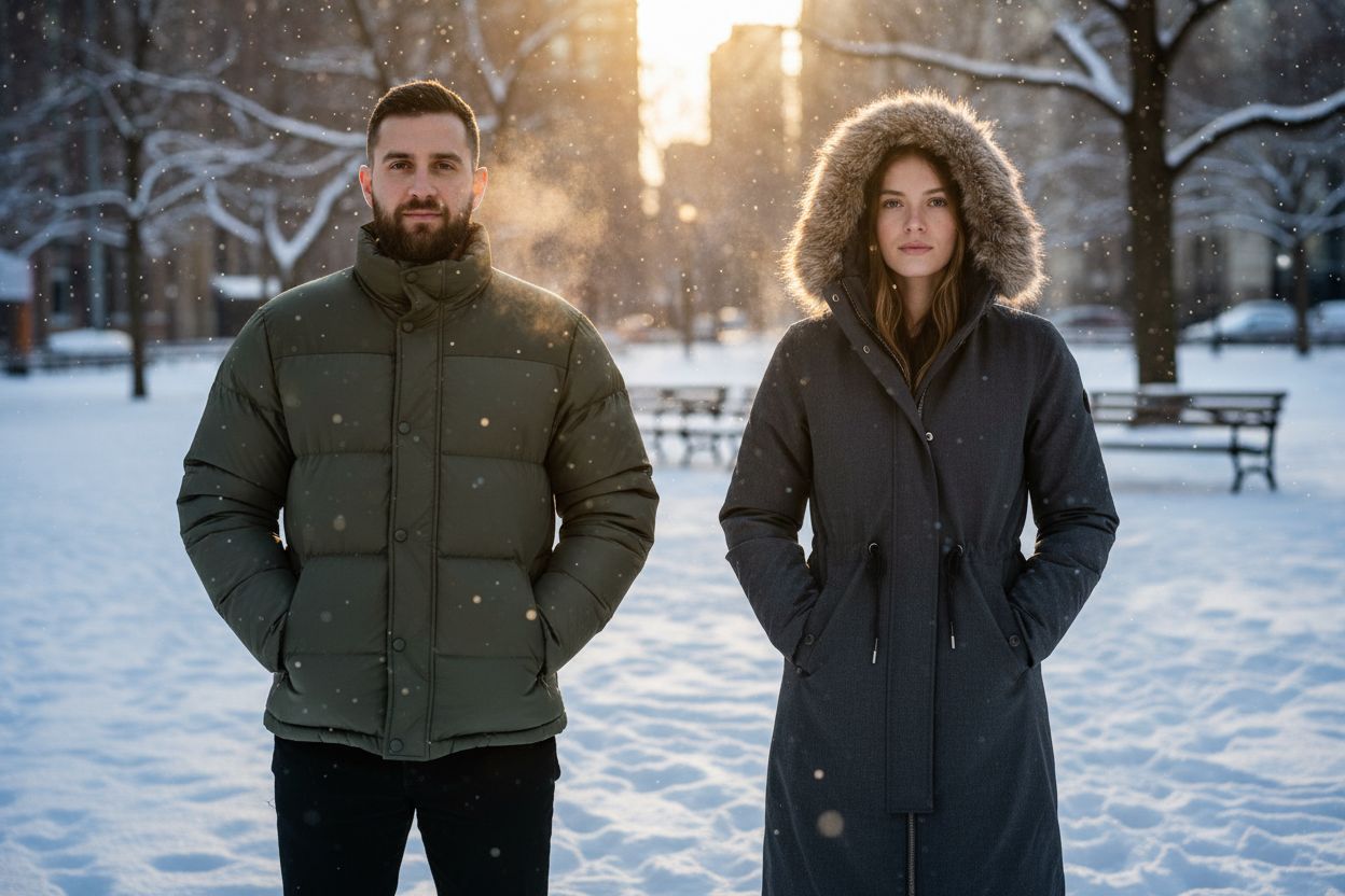 Une doudoune matelassée et une parka dans un parc enneigé