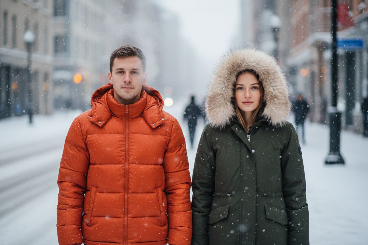 Une veste matelassée orange et une parka verte dans une rue enneigée