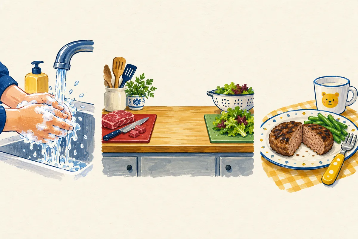 Illustration de trois gestes de cuisine : lavage des mains au savon, planche de viande crue tenue à l’écart des aliments prêts à manger, steak haché d’enfant cuit à cœur