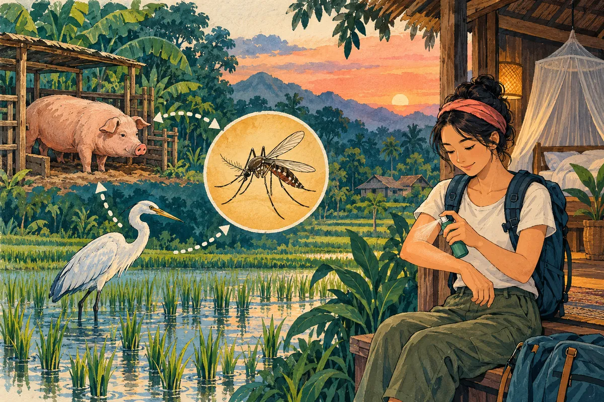 Illustration à la gouache : un porc dans un enclos et un héron dans une rizière inondée reliés par des flèches en pointillés à un moustique agrandi, et à droite une voyageuse qui applique un répulsif sur son bras devant un lit protégé par une moustiquaire.