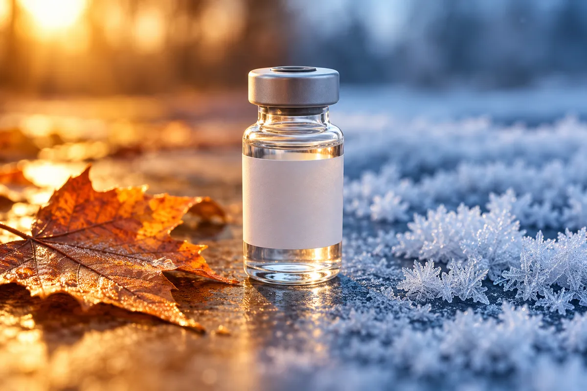 Un flacon de vaccin en verre posé entre une feuille d’automne orangée et une surface couverte de givre.