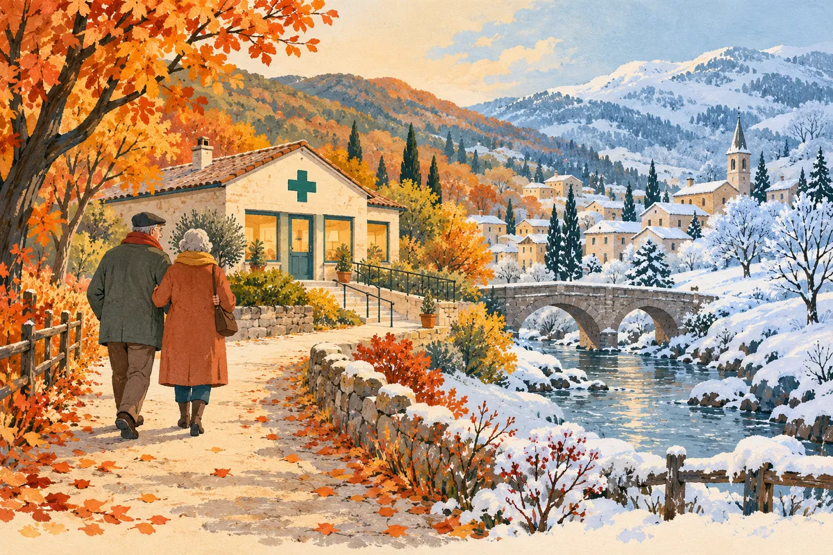 Illustration à la gouache d’un couple âgé marchant bras dessus bras dessous sur un chemin d’automne vers un cabinet médical signalé par une croix verte, avec un village enneigé au loin.