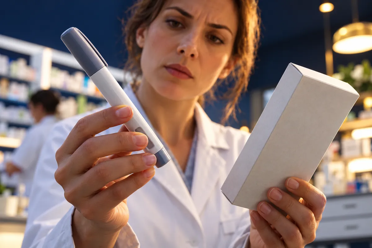 Stylo injectable sans marque et boîte neutre présentés par un pharmacien.
