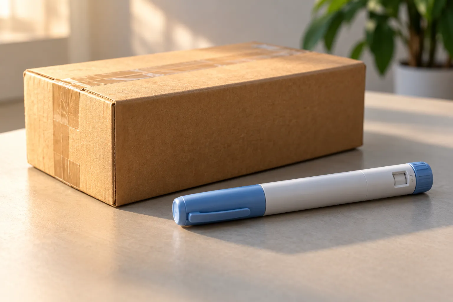 Colis postal fermé et stylo injectable générique muni de son capuchon.