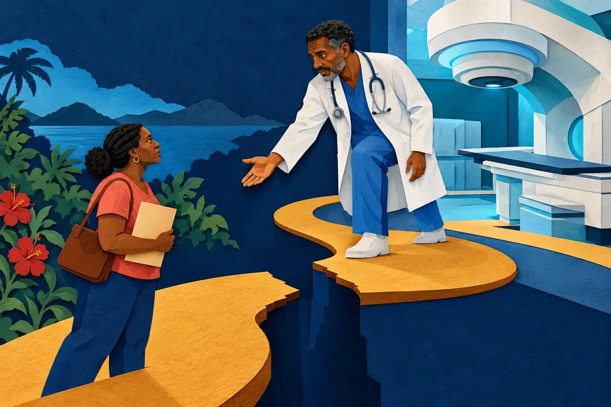 Illustration en papier découpé d’un patient, d’un médecin et d’un appareil de radiothérapie reliés par un parcours symboliquement interrompu.