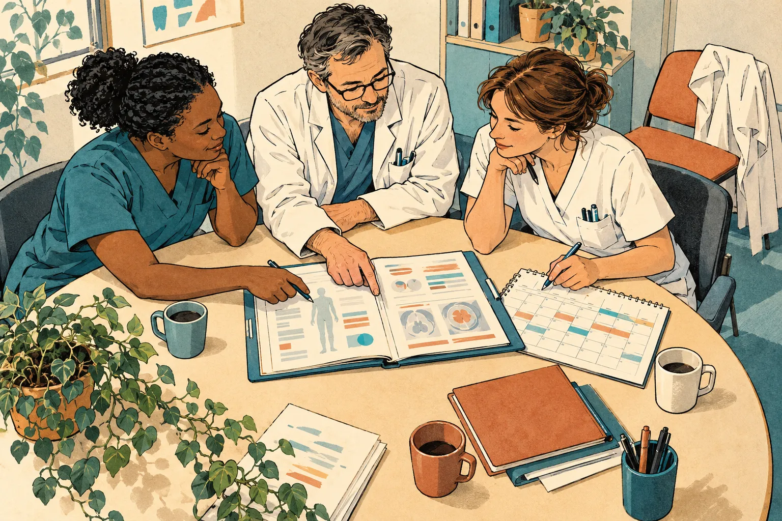 Illustration d’une équipe soignante réunie autour d’un dossier et d’un calendrier de prise en charge.