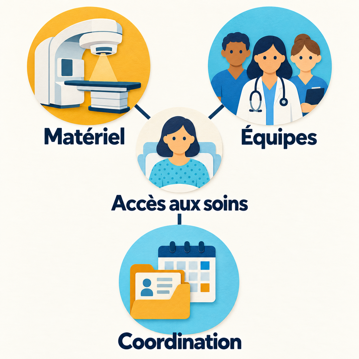 Schéma des trois composantes de l’accès aux soins : matériel, équipes et coordination autour du patient.