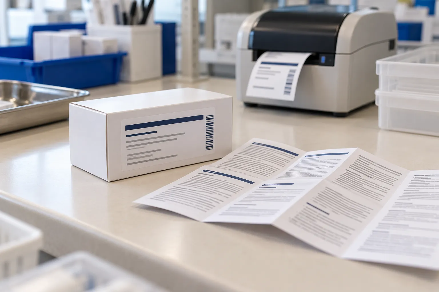 Conditionnement étiqueté et notice papier sur un poste de préparation en pharmacie.