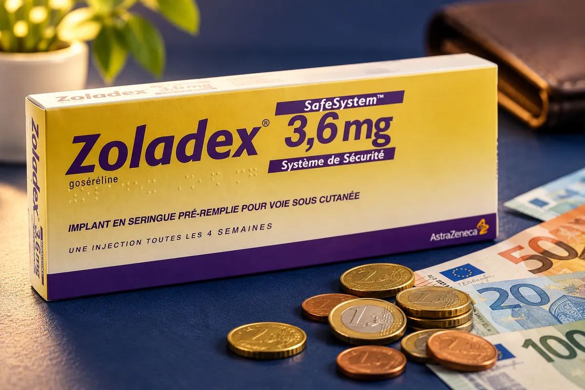 Zoladex et argent en euros sur un fond bleu.