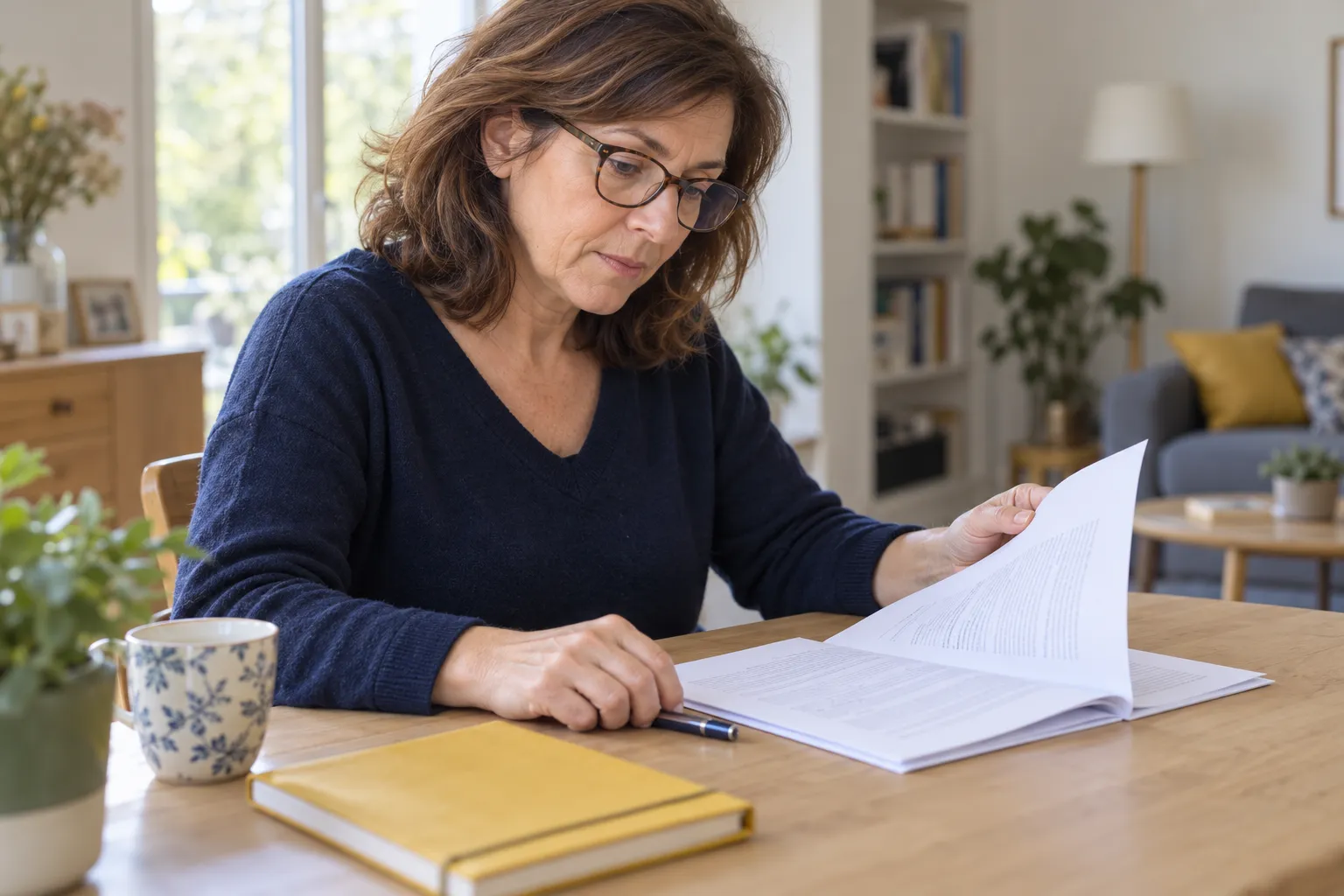 Lecture de documents de complémentaire santé à un bureau.