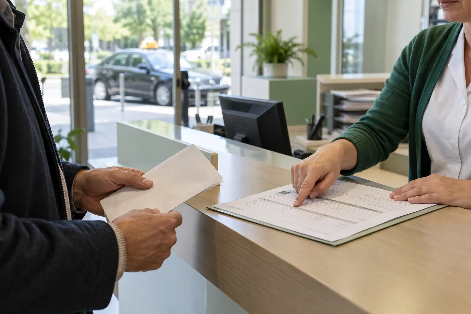 Documents de rendez-vous et de transport présentés à un accueil médical.
