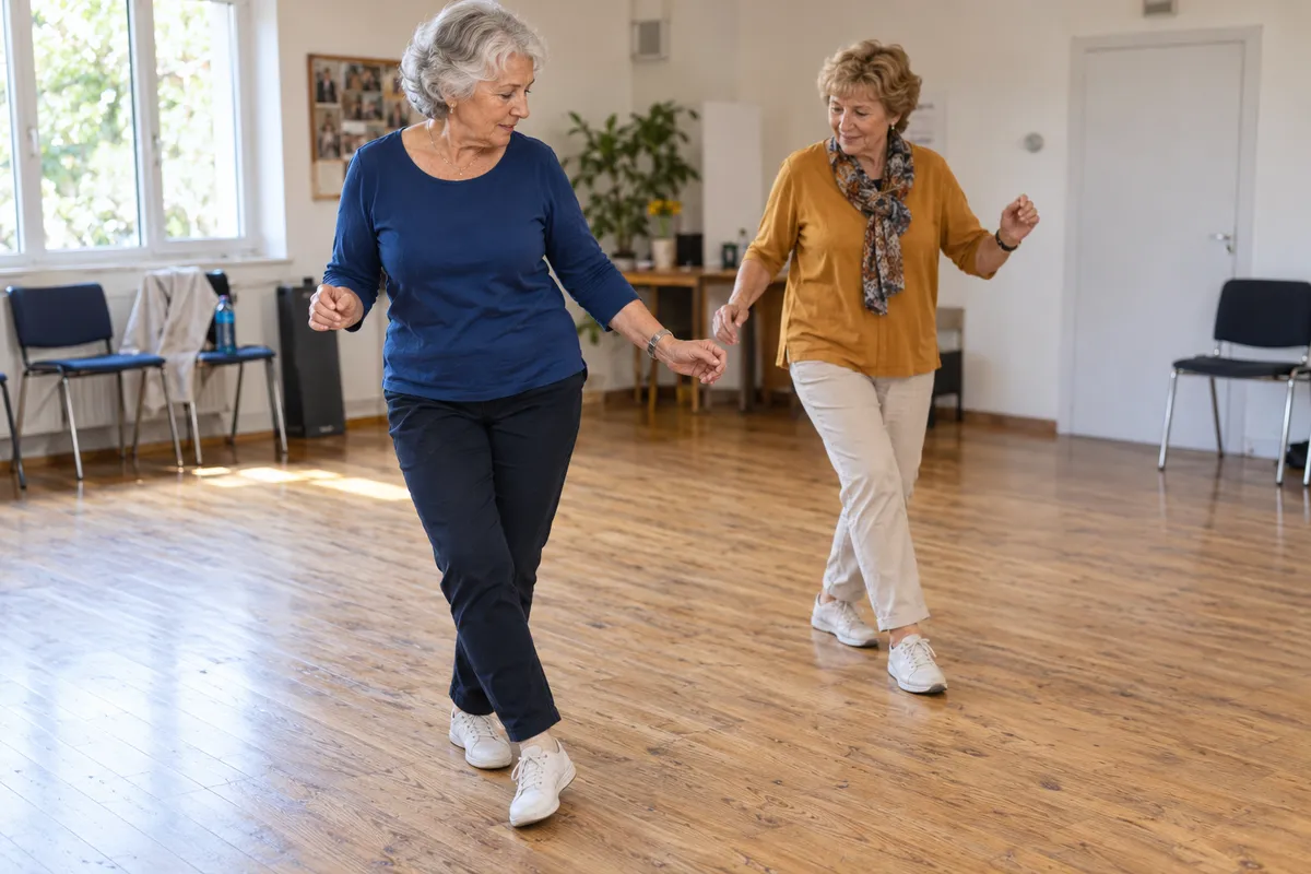 Deux personnes pratiquent un pas de danse dans une salle.