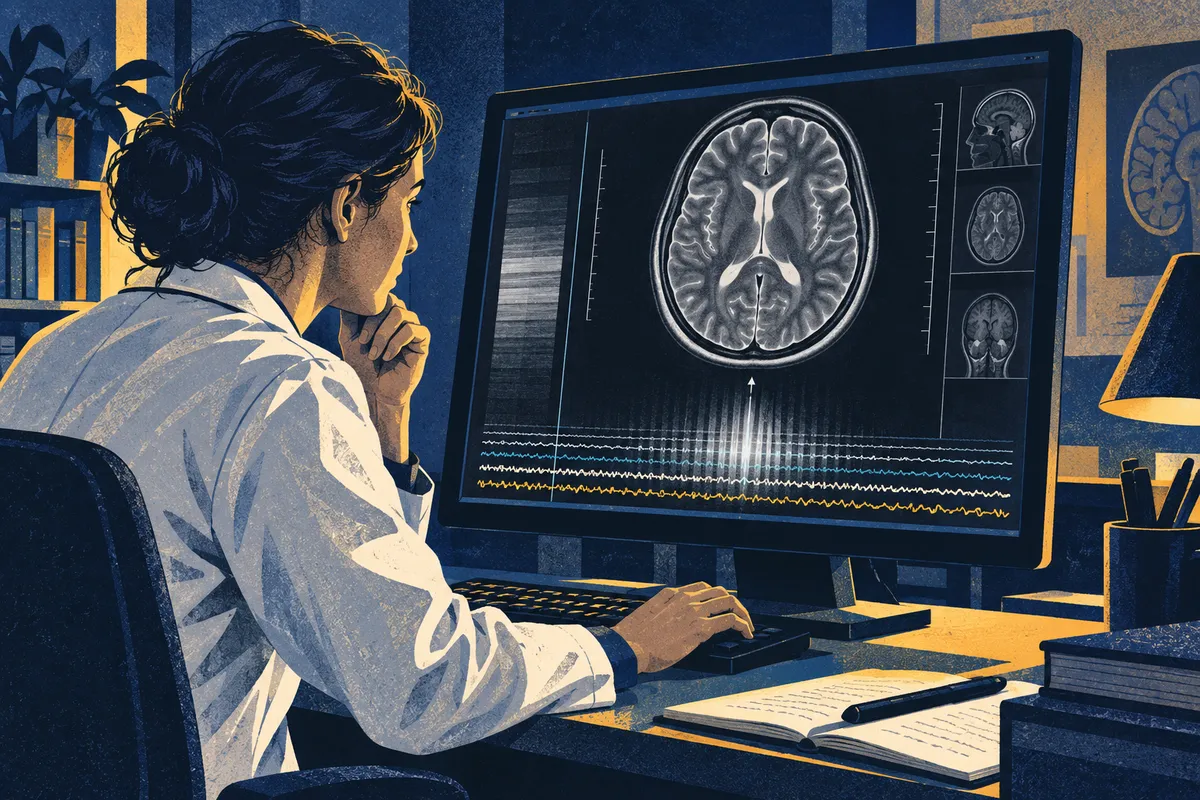 Illustration d’un radiologue devant un écran évoquant la transformation d’un signal en image médicale.
