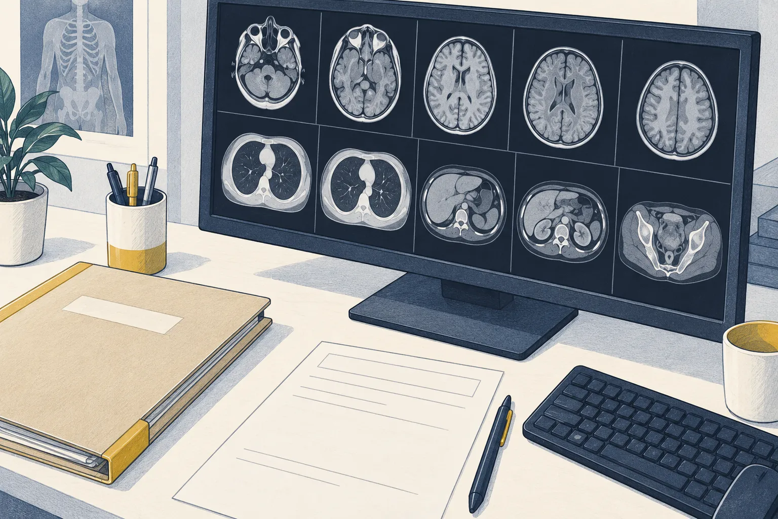 Illustration d’un poste de radiologie avec plusieurs coupes d’imagerie affichées et un dossier d’examen sur la table.