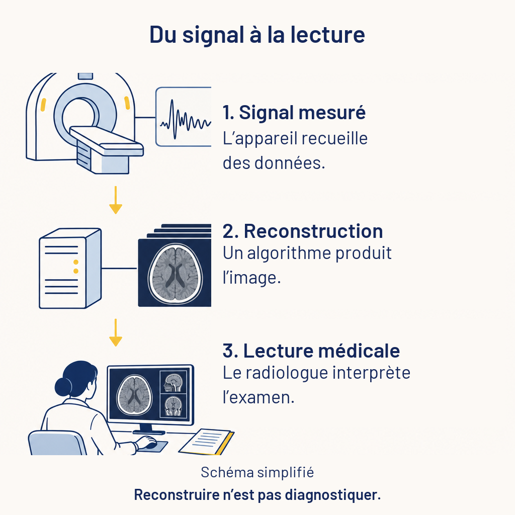Parcours en trois étapes : signal mesuré par l’appareil, reconstruction informatique de l’image, puis lecture médicale.