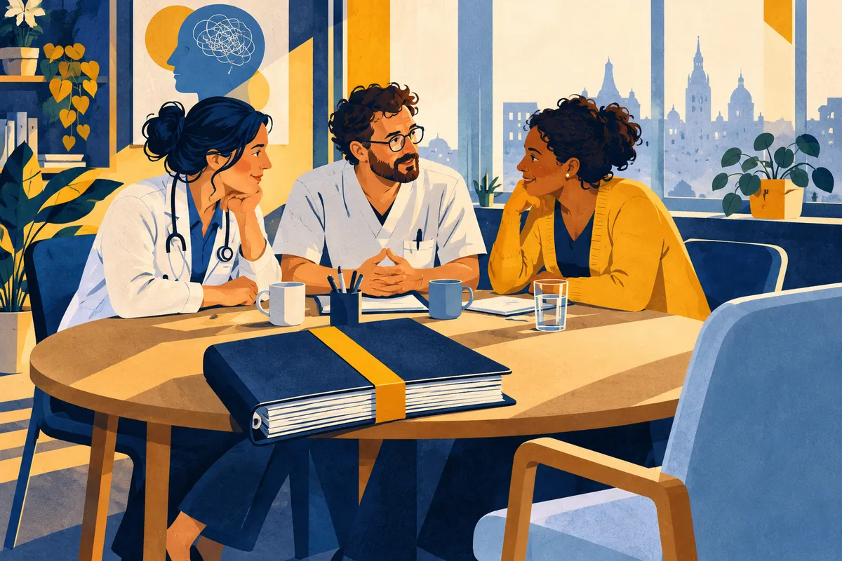 Composition illustrée autour du travail d’équipe et du financement des soins.