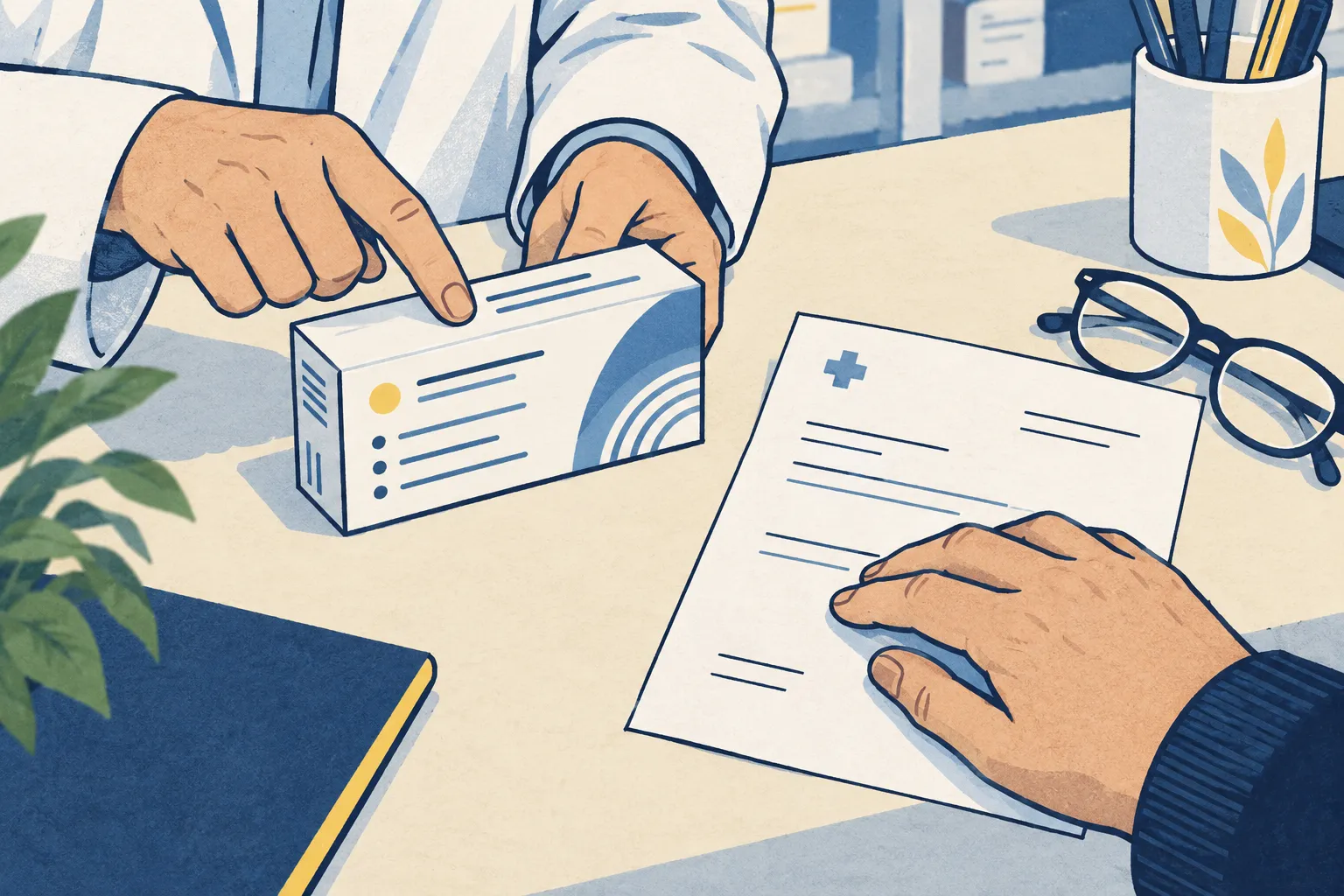 Illustration d’une lecture accompagnée d’une boîte de médicament fictive et d’une ordonnance, vues de dessus