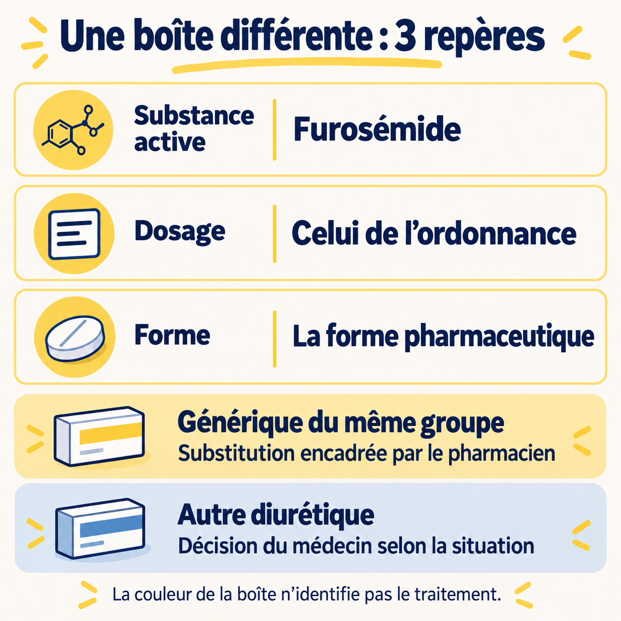 Trois repères : substance active, dosage et forme pharmaceutique. Générique du même groupe : substitution encadrée par le pharmacien. Autre diurétique : décision du médecin selon la situation.