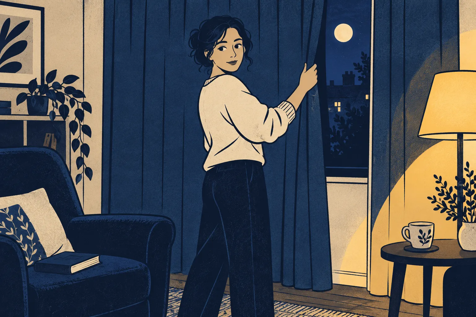 Illustration d’un intérieur du soir avec un adulte, une tasse de café et une fenêtre nocturne.