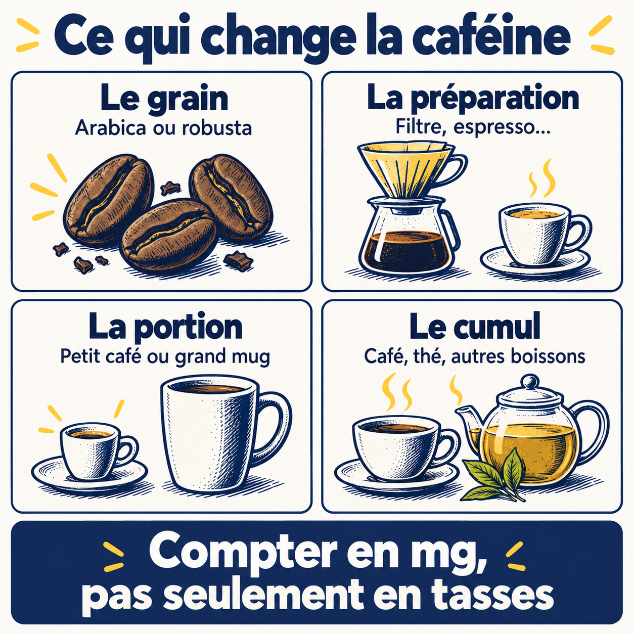 Quatre facteurs à considérer pour la caféine : le grain, la préparation, la portion et le cumul des boissons.