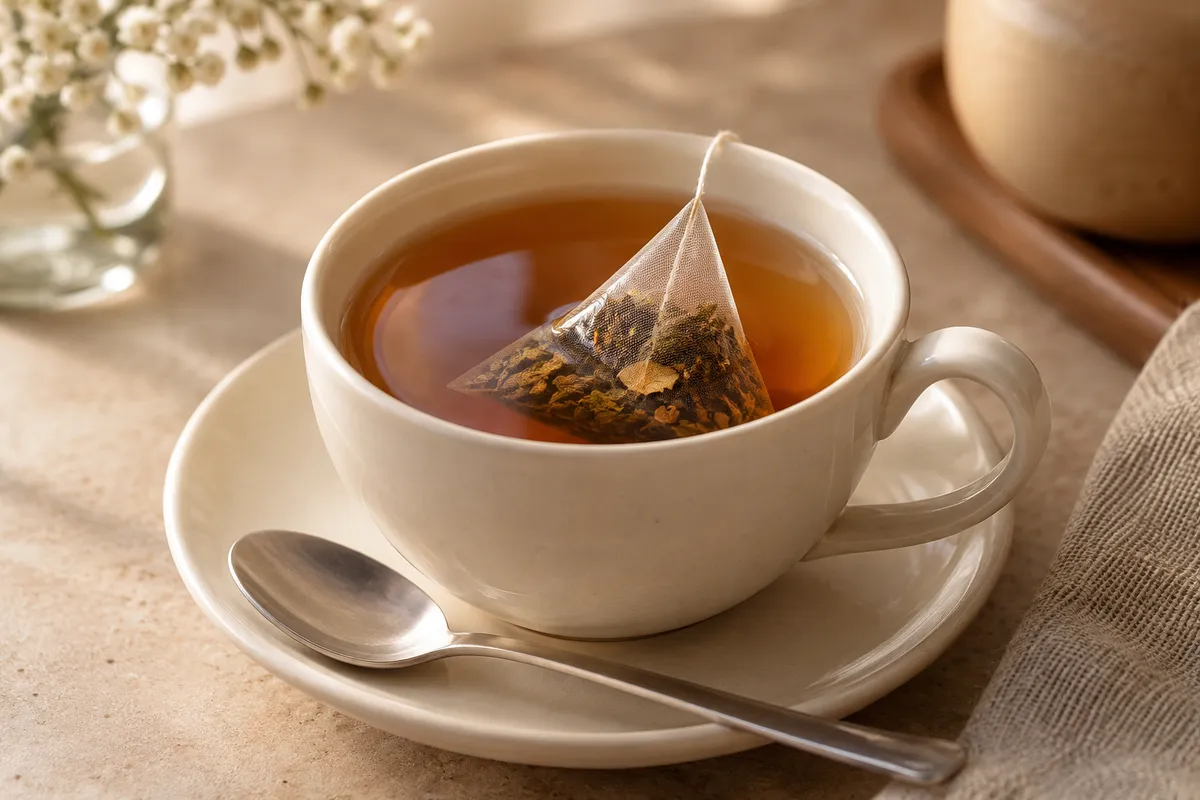 Tasse de thé avec un sachet partiellement immergé ; cette scène ne permet pas d’identifier le polymère du sachet ni de mesurer des particules.