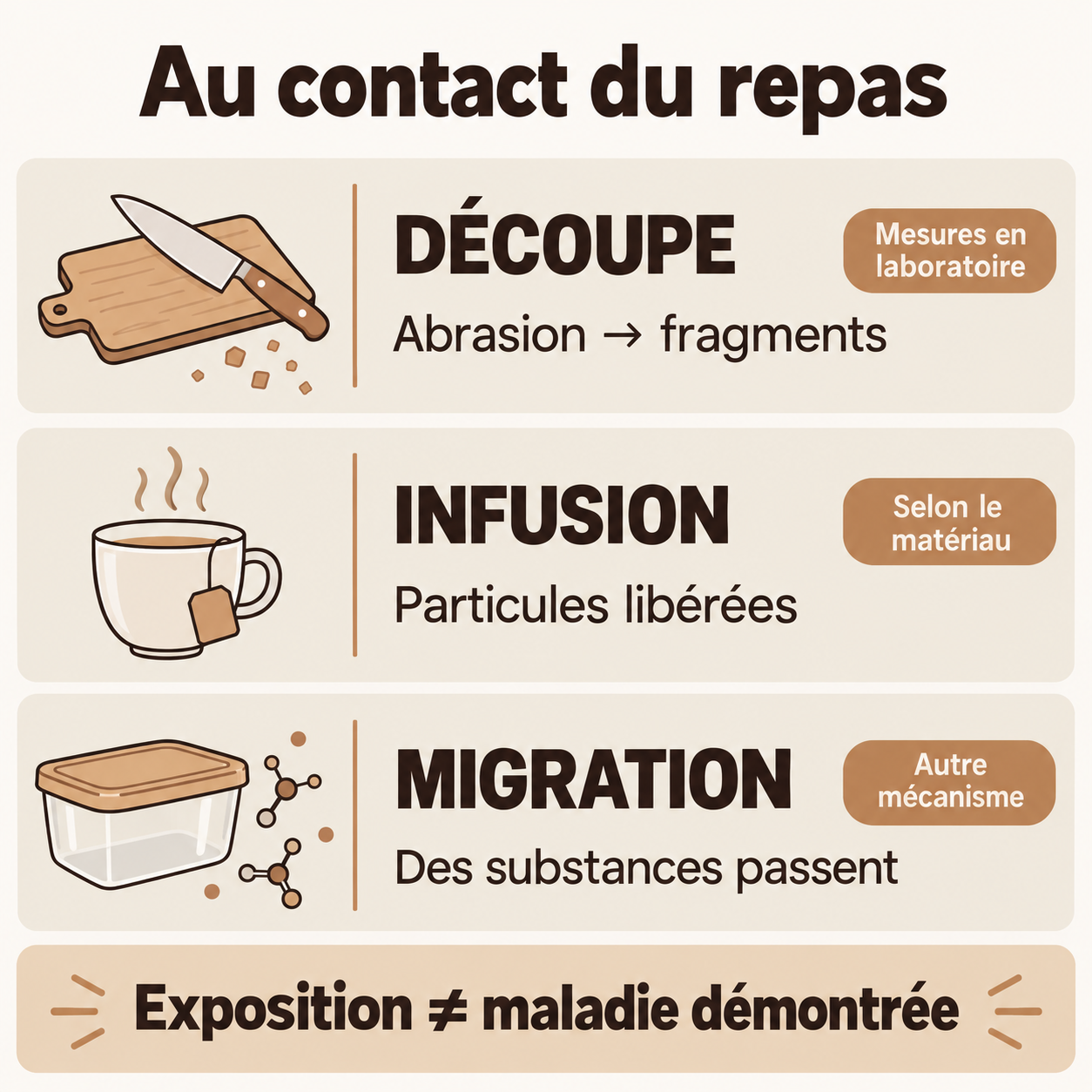 Trois mécanismes au contact du repas : abrasion et fragments lors de la découpe, particules libérées à l’infusion selon le matériau, migration de substances chimiques. Une exposition ne démontre pas une maladie.