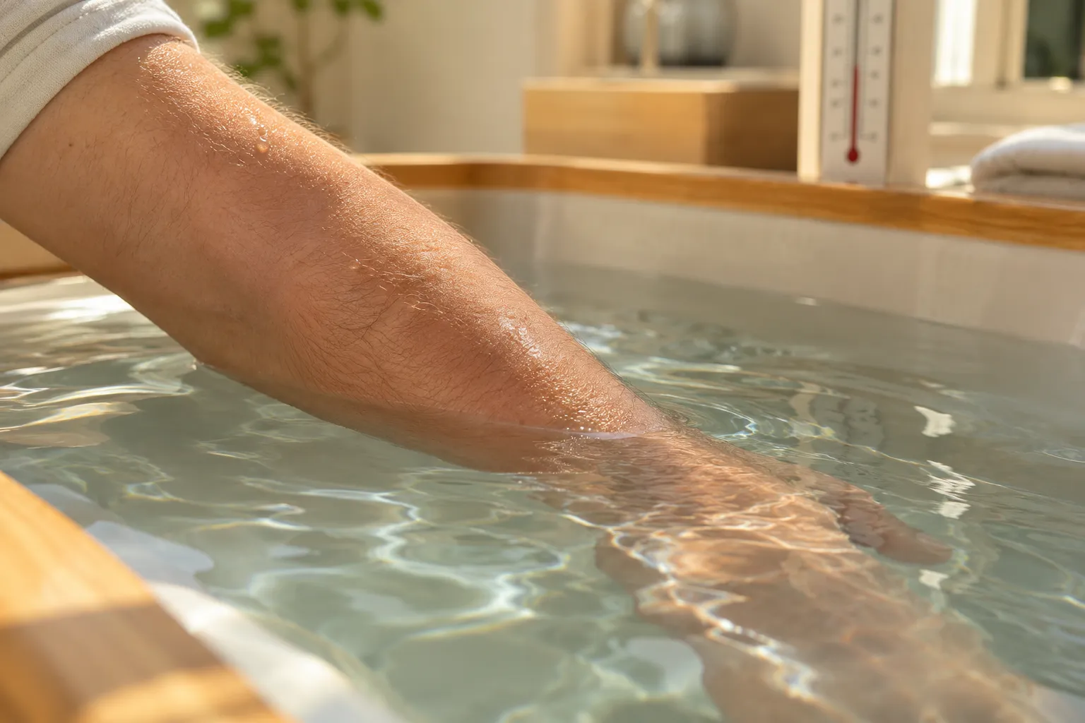 Avant-bras partiellement immergé dans un bac d’eau, vu au niveau de la surface.