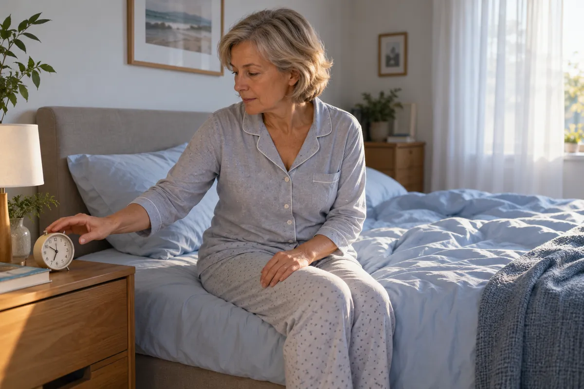 Une femme assise au bord du lit regarde un réveil au petit matin.