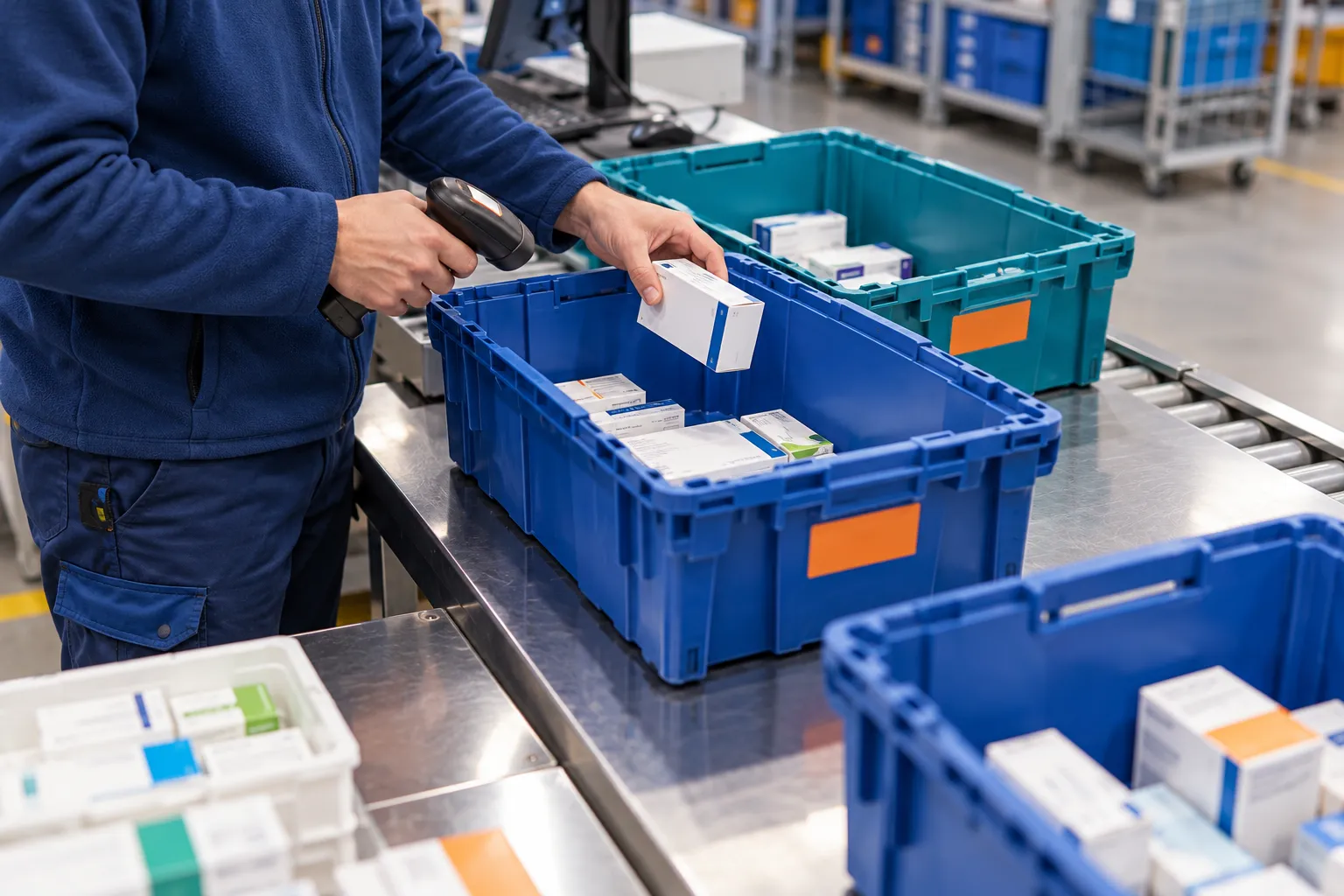 Préparation de bacs de transport de médicaments dans une scène illustrative de distribution en gros.