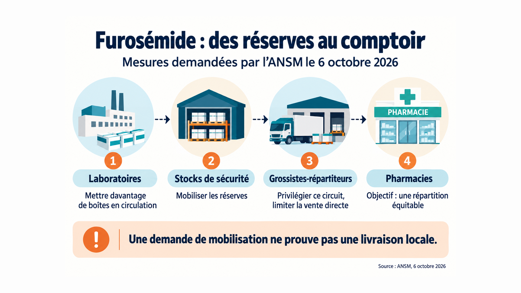 Schéma des mesures demandées par l’ANSM le 6 octobre 2026 : mobiliser les réserves des laboratoires et privilégier les grossistes pour approvisionner les pharmacies.
