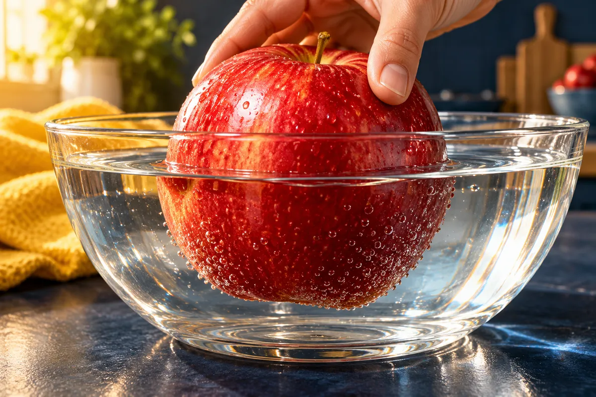 Une pomme rouge tenue dans un saladier d’eau, dont la surface traverse le fruit.