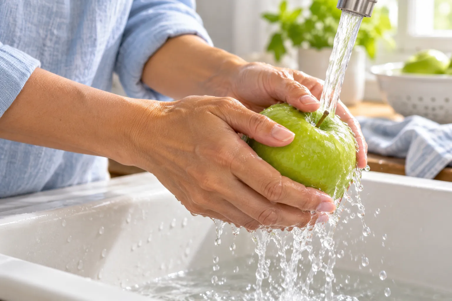 Deux mains frottent une pomme verte sous l’eau courante.