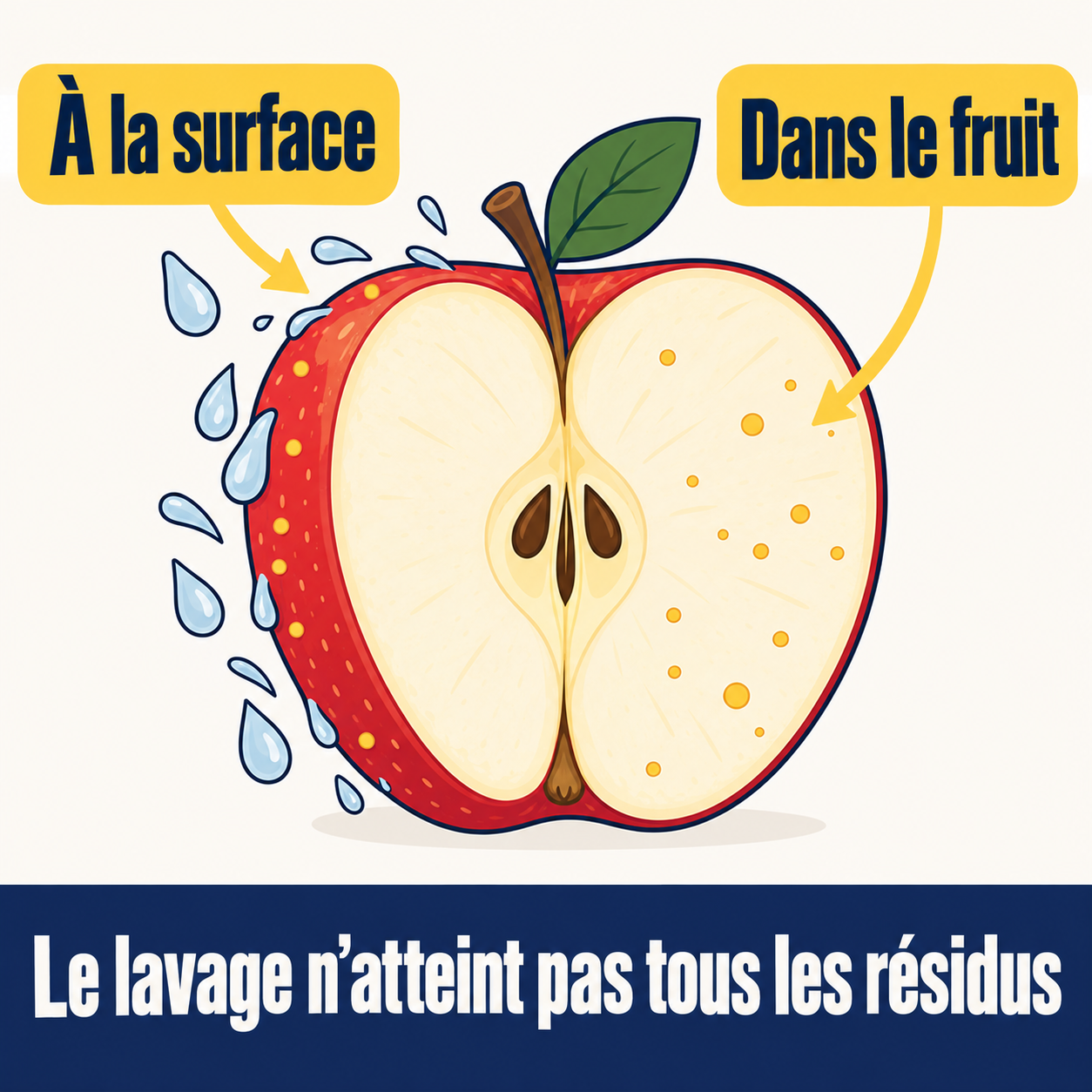 Deux zones sont distinguées sur une pomme schématique : à la surface et dans le fruit. Le lavage n’atteint pas tous les résidus.