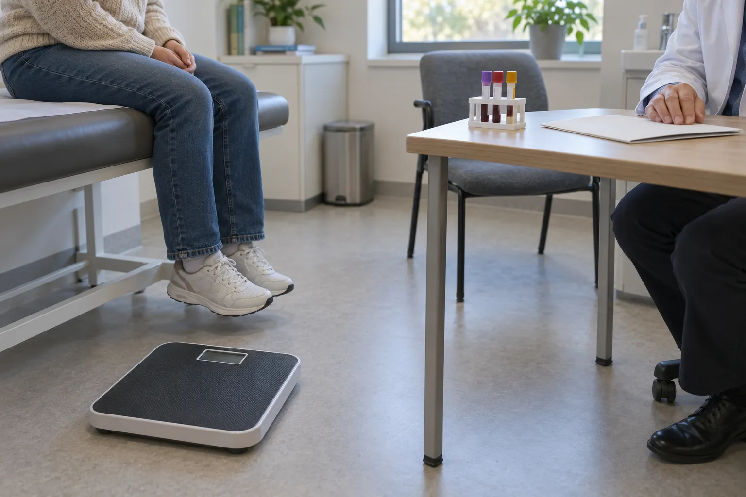 Une balance et des tubes de prélèvement fermés dans un espace de consultation.