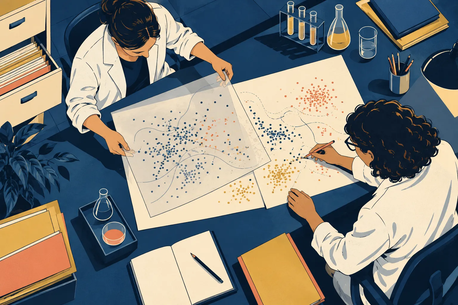 Dessin de presse de deux chercheuses rapprochant des mesures sur une table de travail.