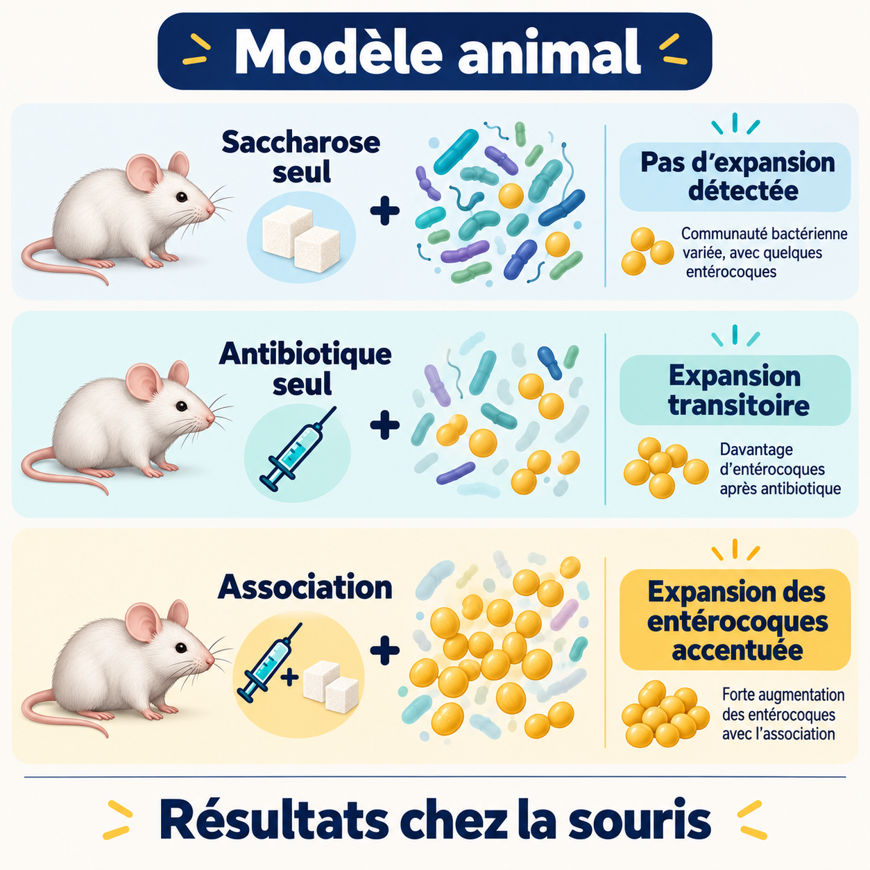 Comparaison qualitative chez la souris : saccharose seul, antibiotique seul et association, avec une expansion des entérocoques accentuée dans le dernier groupe.