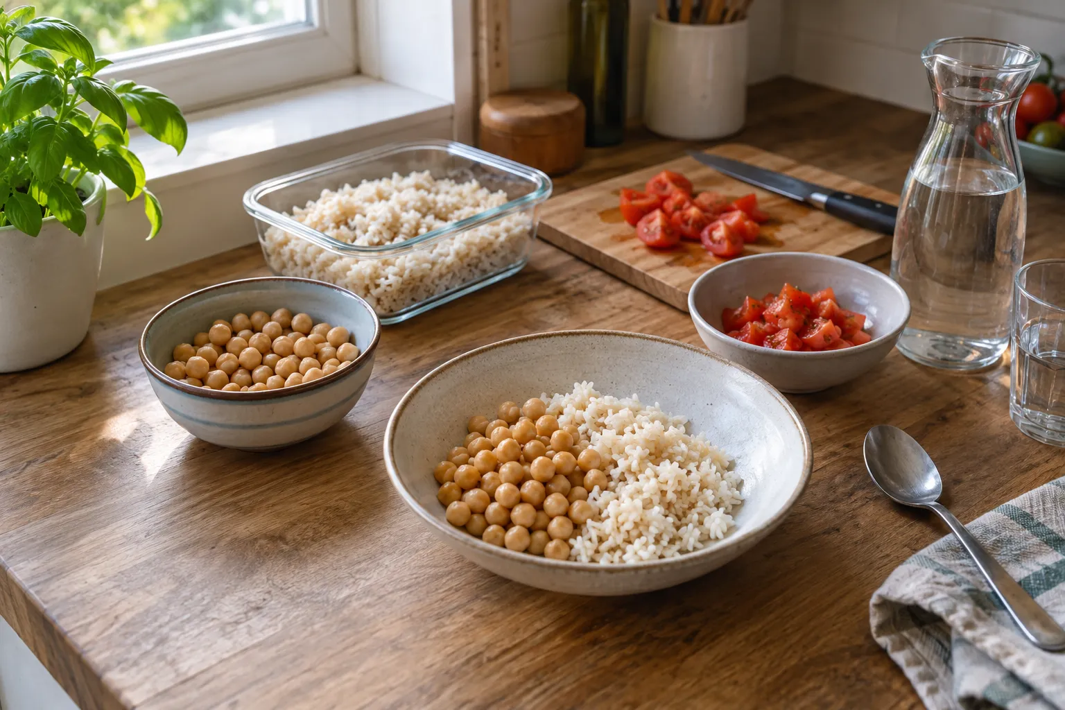 Des pois chiches, du riz cuit et des tomates préparés pour assembler un repas simple.