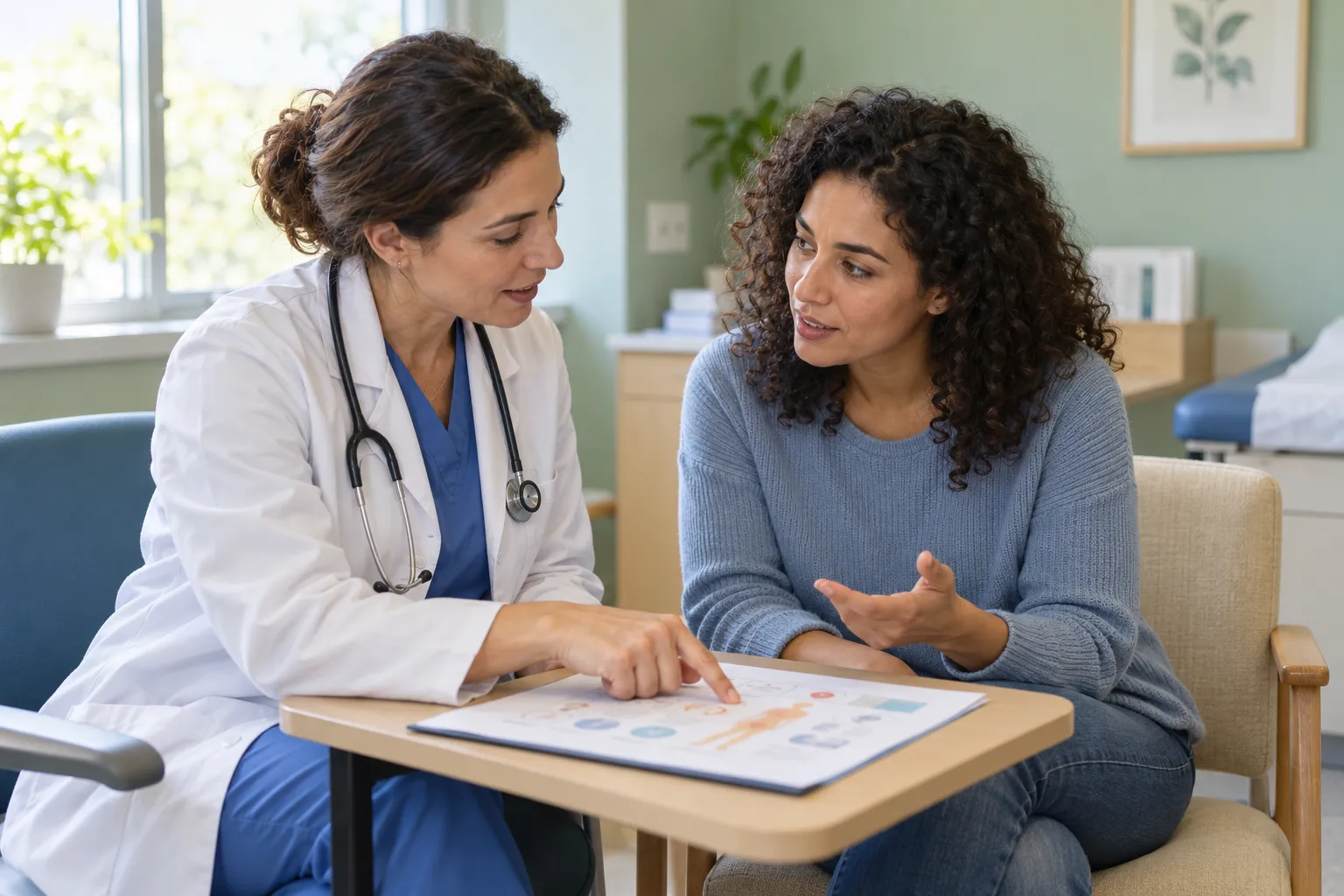 Un médecin explique un document à une patiente au cours d’un échange en consultation.
