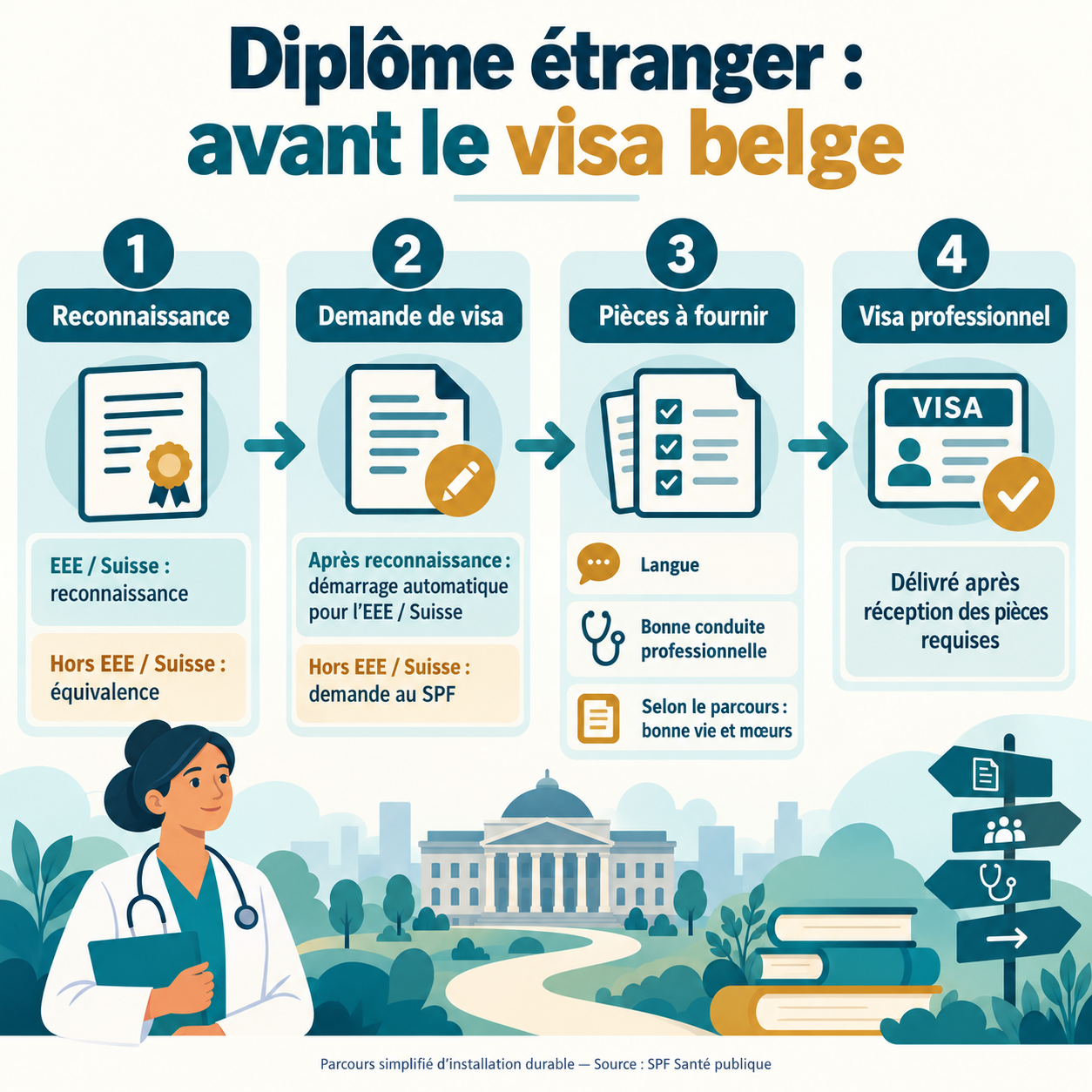 Parcours simplifié : reconnaissance du diplôme ou équivalence, demande de visa, pièces justificatives puis visa professionnel belge.
