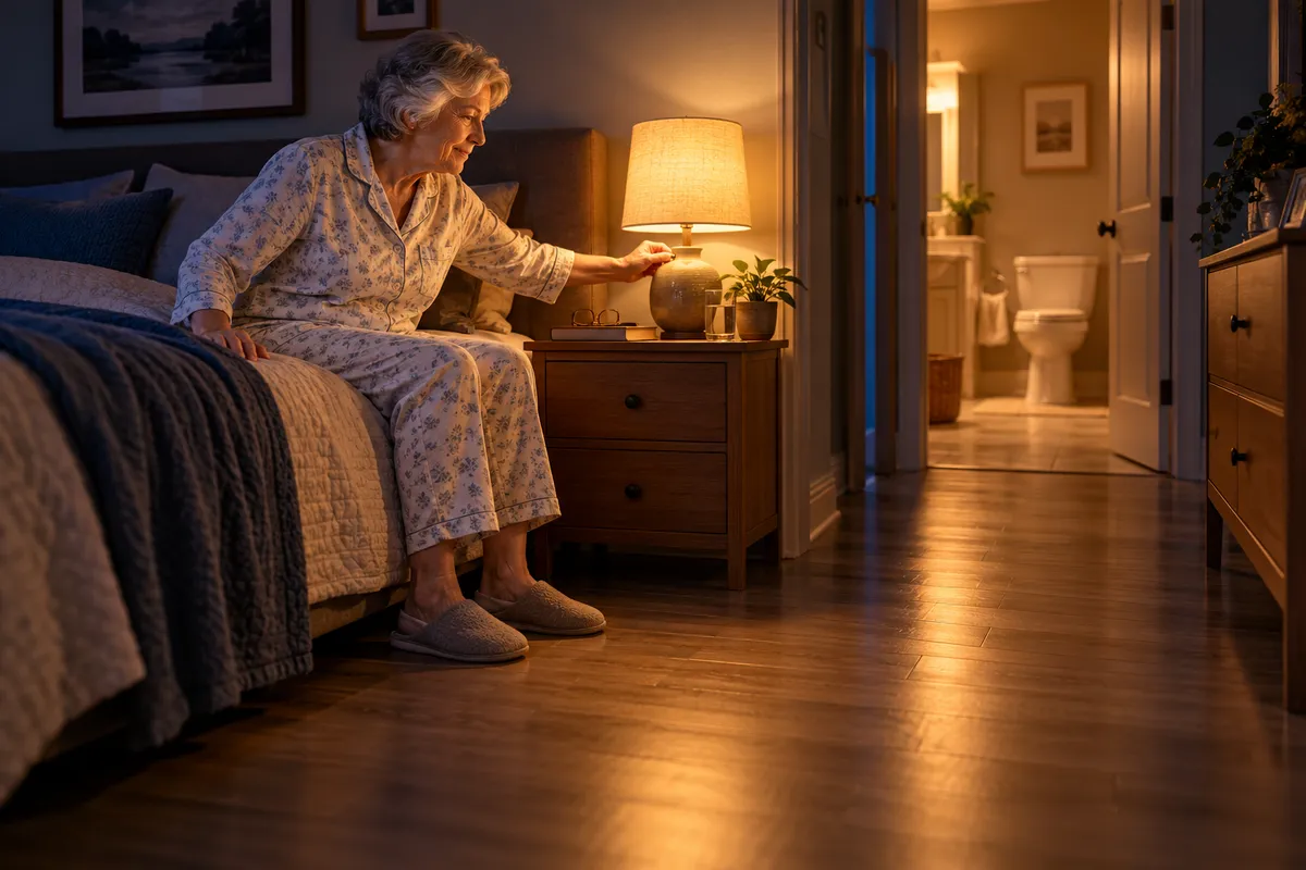 Personne âgée au bord de son lit, près d’une lampe allumée et d’un passage vers les toilettes.