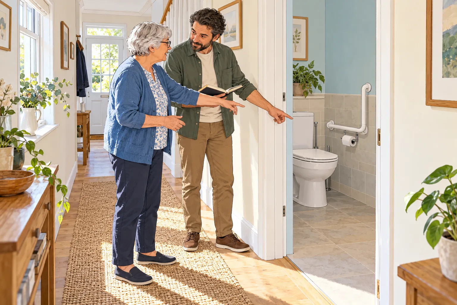 Illustration d’un échange à domicile autour de l’aménagement des appuis près des toilettes.