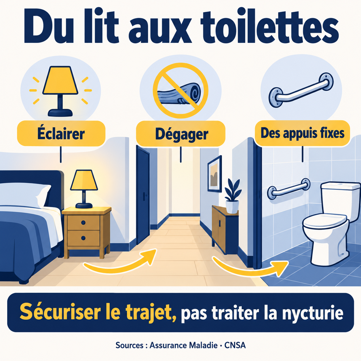 Schéma du trajet lit-toilettes : éclairer, dégager le passage et prévoir des appuis fixes.