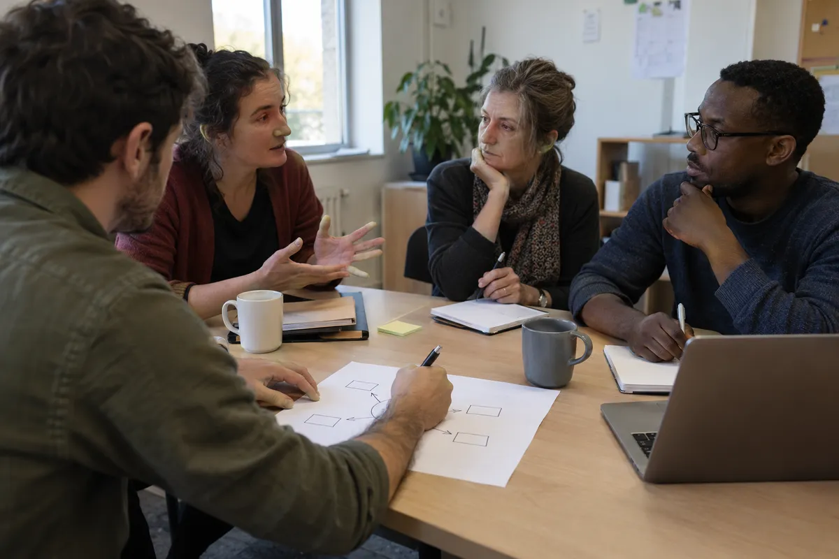 Des collègues discutent autour d’une table avec des documents de travail.