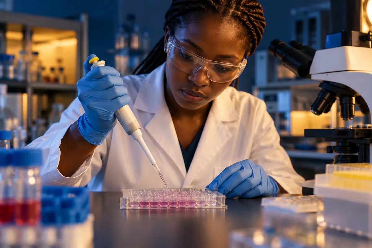 Scène illustrative de recherche en laboratoire autour d’une plaque de culture cellulaire.