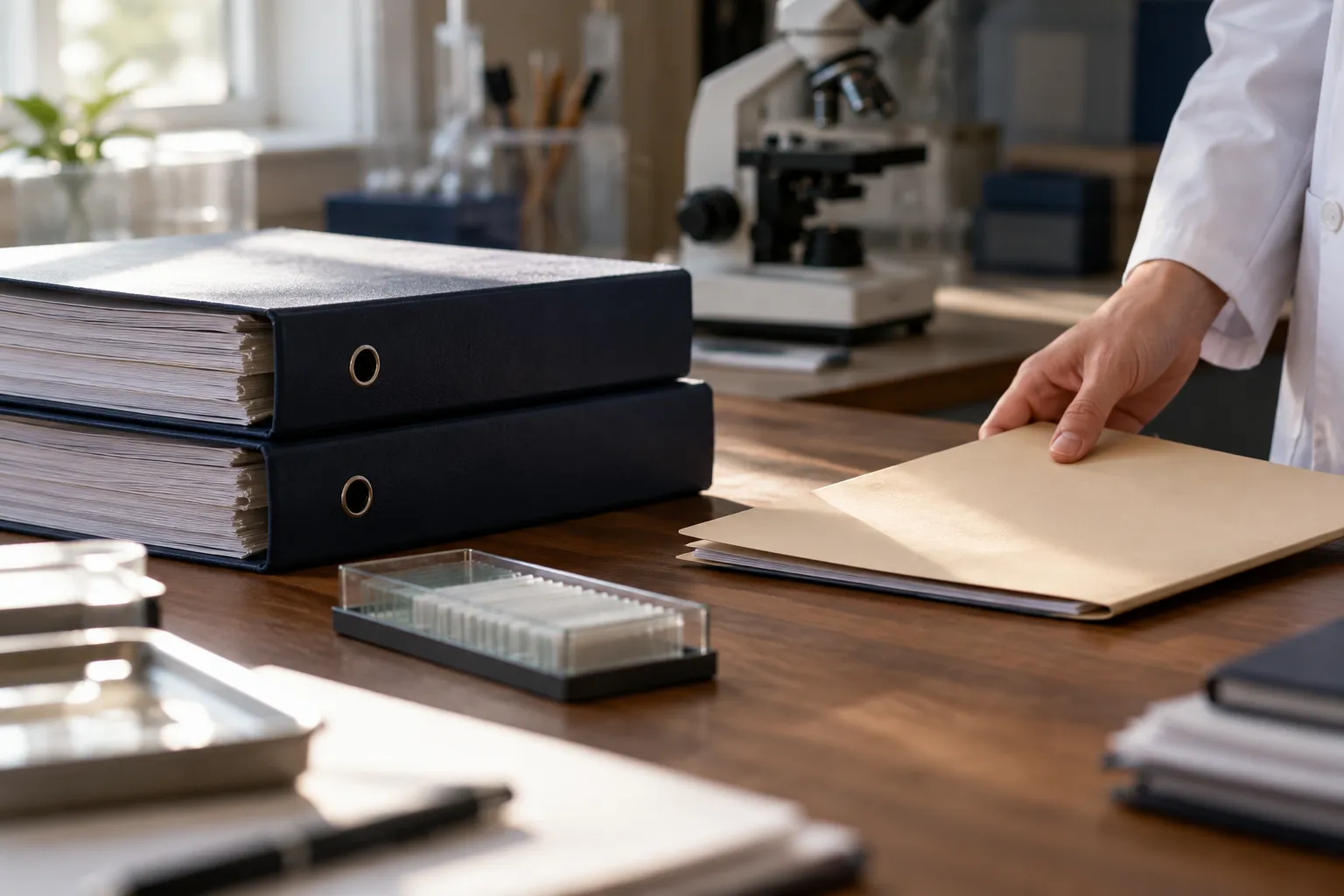 Scène illustrative avec dossiers de laboratoire et matériel de recherche sur un bureau.