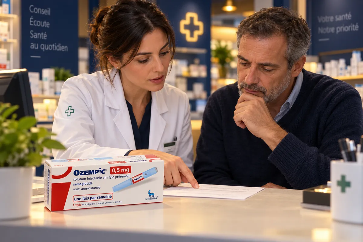 Échange en pharmacie autour d’une boîte de médicament et d’une ordonnance.